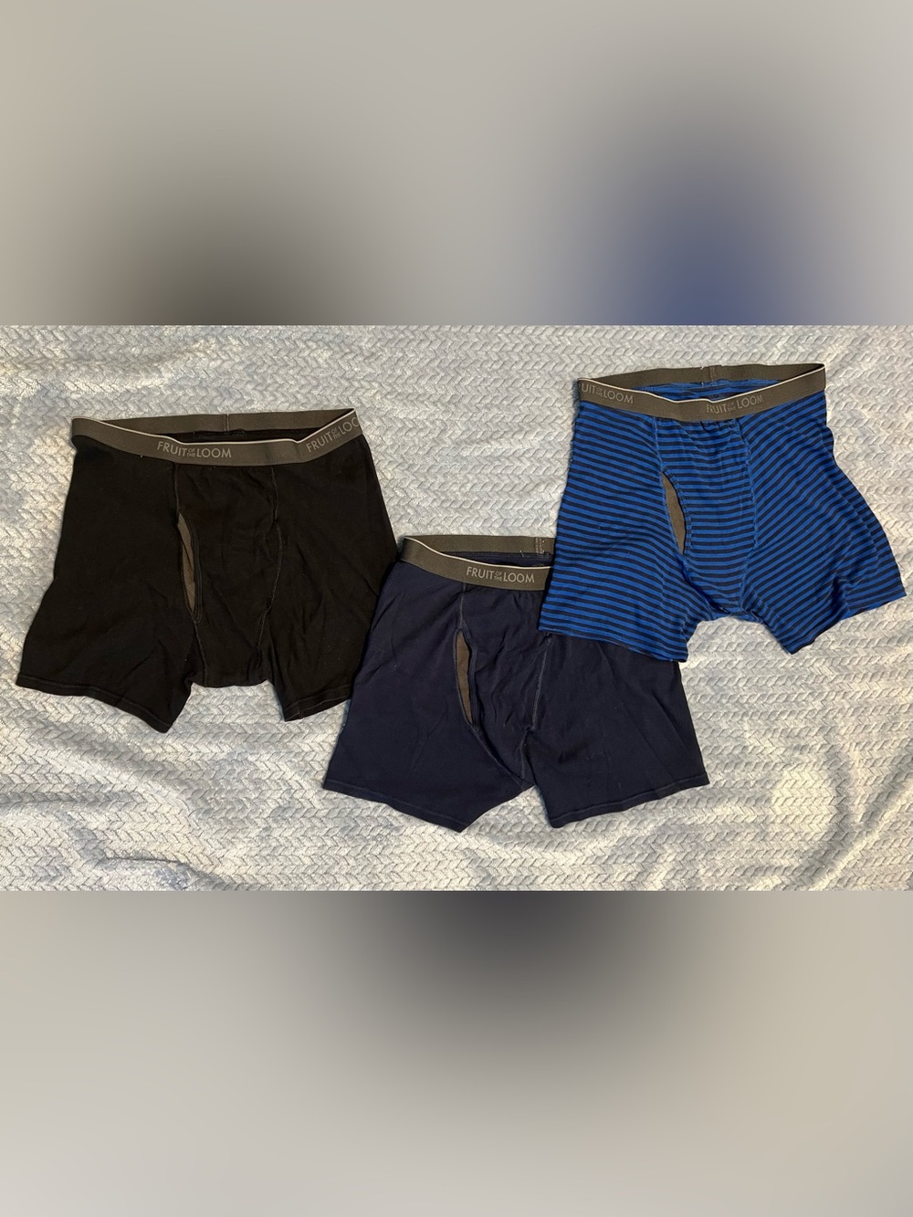 🔴Fruit of the Loom Boxer Briefs 3 Pair Black, Navy & Blue Stripe Cotton XL